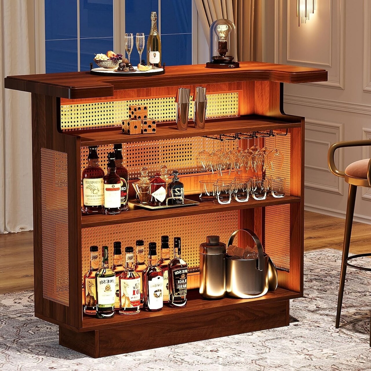 Tribesigns Rattan Home Bar Unit 4-Tier Farmhouse Liquor Cabinet 47.2 Inch